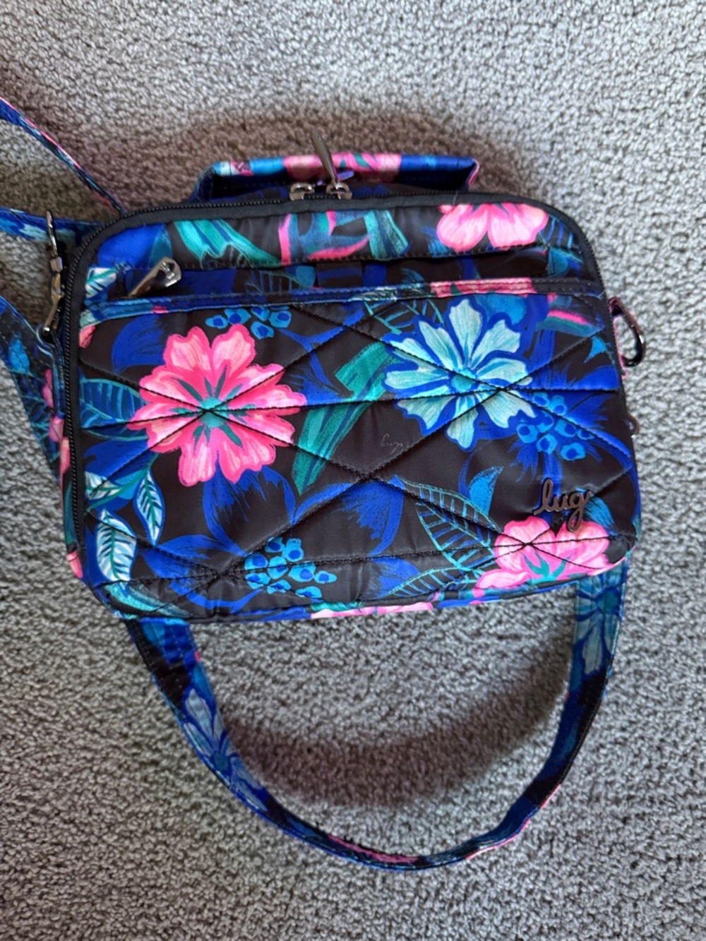 Lug Roundabout XL Floral Crossbody Bag - Blue and Pink. RFID PROTECTION!